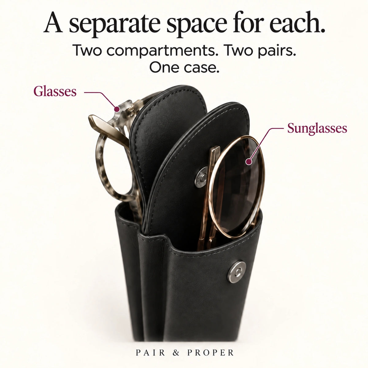 Close view of glasses and sunglasses in the two back-to-back pockets.