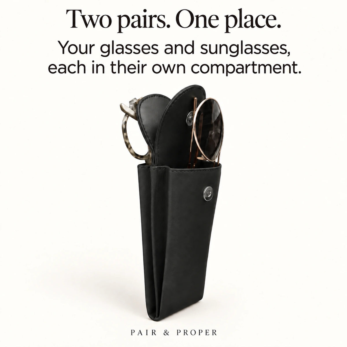 Black smooth-leather double eyeglass case holding glasses and sunglasses in separate compartments.