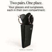 Black smooth-leather double eyeglass case holding glasses and sunglasses in separate compartments.