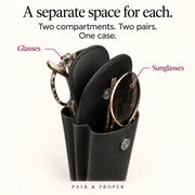 Close view of glasses and sunglasses in the two back-to-back pockets.