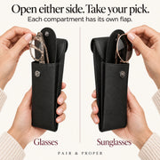 Two demonstrations showing access to glasses and sunglasses through their separate flaps.