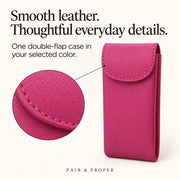 Pink smooth-leather double-flap eyeglass case with a close view of its rounded flap and stitching.