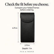 Closed black case with external measurements of 6.75 inches tall, 2.75 inches wide and 1 inch deep.