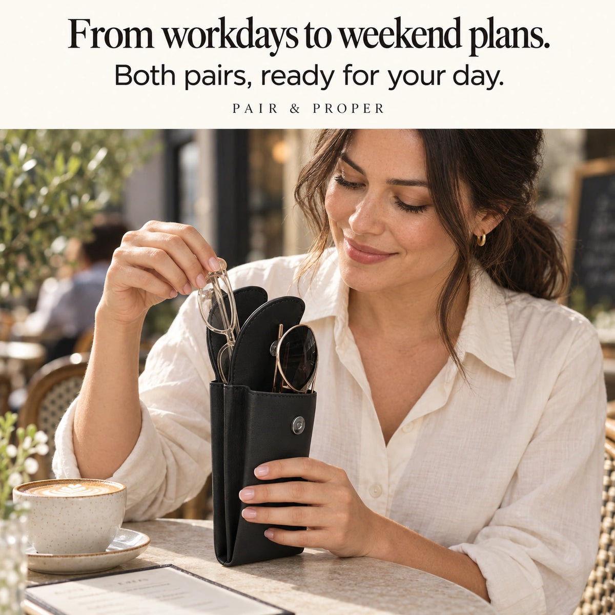 Woman at a cafe taking glasses from an open case while sunglasses remain in the other compartment.