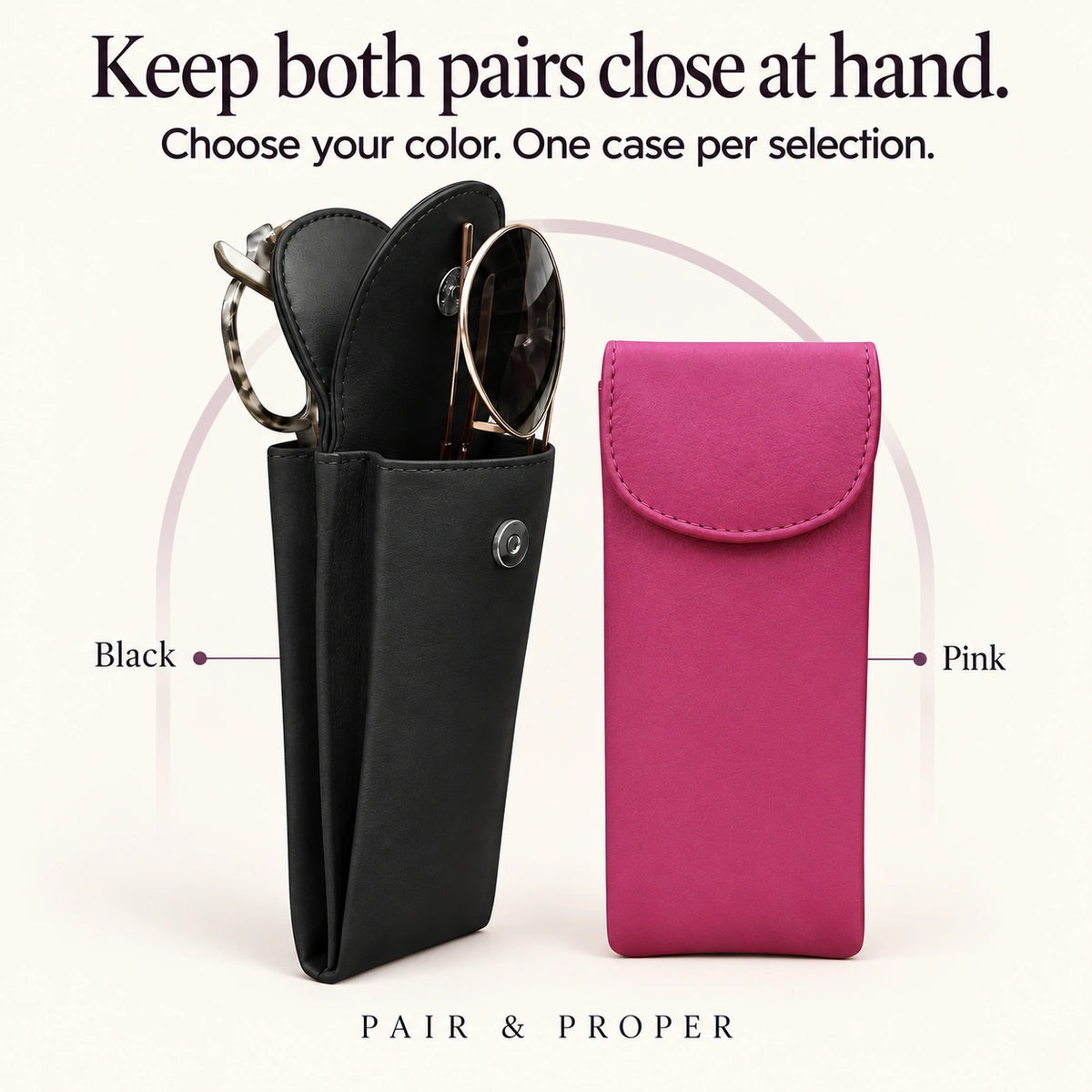 Black case holding two pairs beside the closed pink color option; one case per selection.