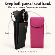 Black case holding two pairs beside the closed pink color option; one case per selection.